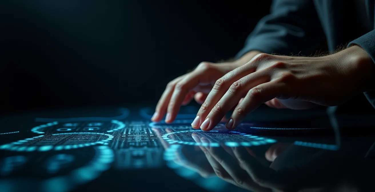 Gros plan sur des mains analysant des graphiques de données sur une surface réfléchissante