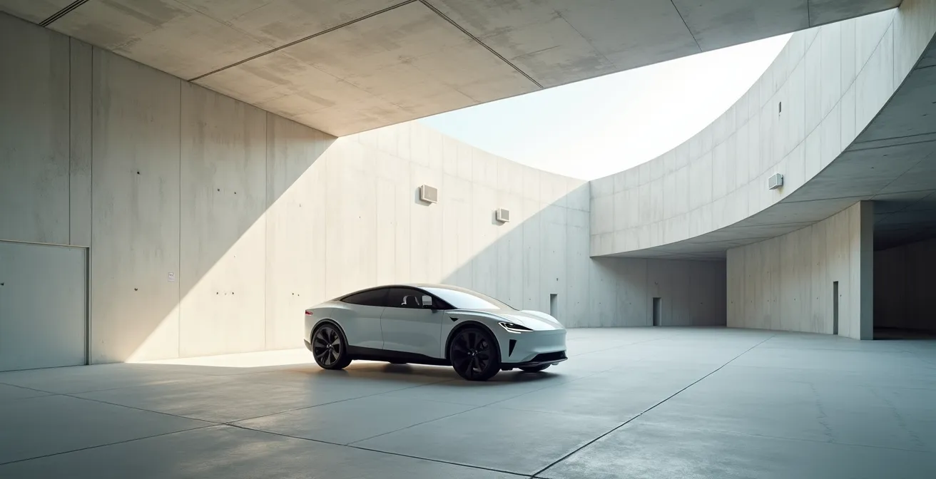 Vue large d'un espace épuré avec une voiture électrique moderne dans un environnement architectural minimaliste