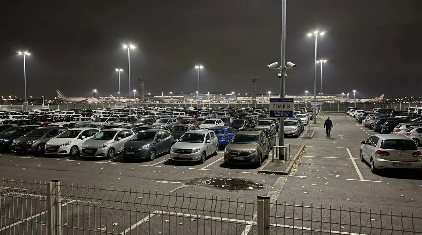 Vue large d'un parking extérieur sécurisé éclairé en soirée avec clôture métallique, lampadaires LED modernes et quelques véhicules stationnés sur asphalte propre