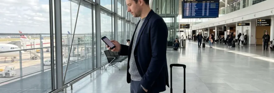 Voyageur de profil consultant les horaires de vol sur son téléphone dans le hall lumineux d'un terminal d'aéroport moderne