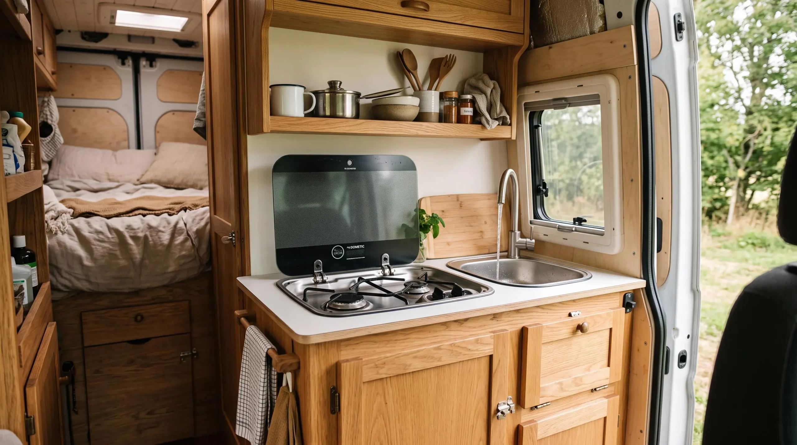 Intérieur d'un van aménagé montrant la cuisine équipée avec plaques de cuisson, évier et rangements en bois