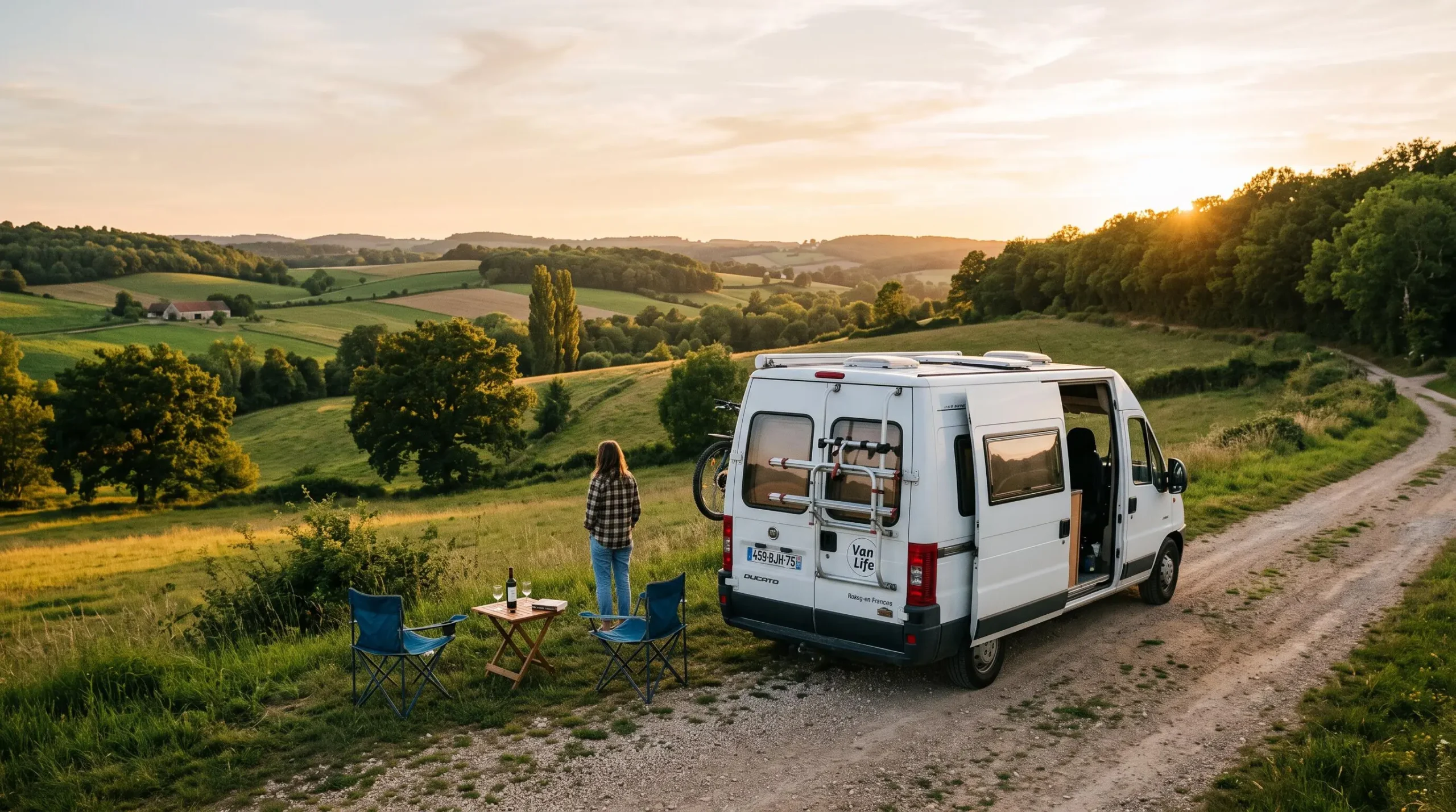 Van aménagé blanc stationné dans un cadre naturel de campagne française avec chaises de camping installées, lumière de fin de journée