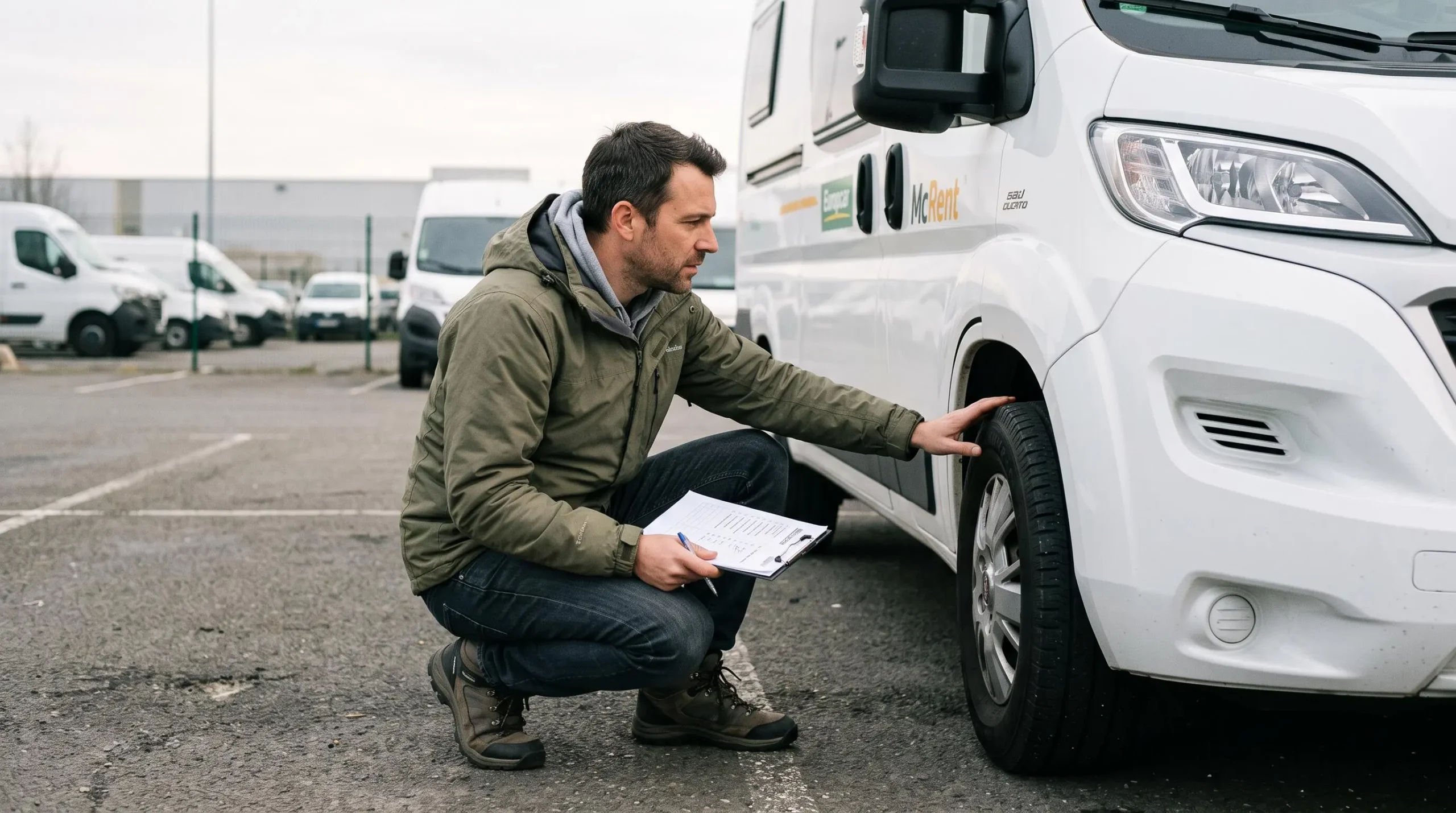 Voyageur vérifiant l'état des pneus d'un van aménagé avant le départ, checklist en main, dans un parking de location près de Roissy